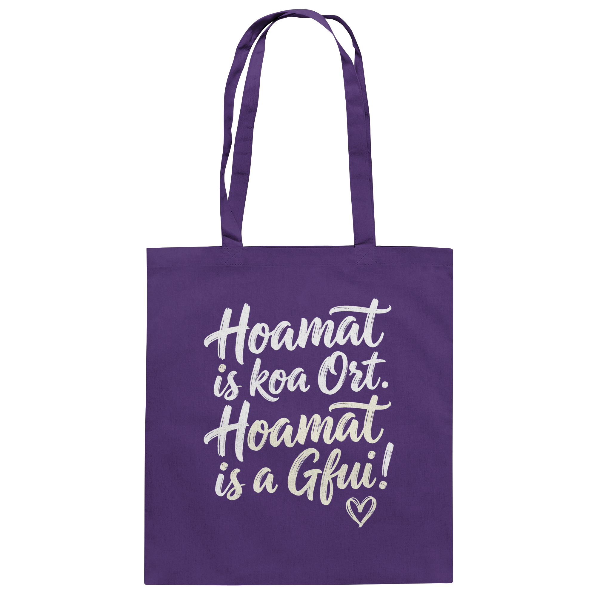 Lila Stoffbeutel mit bayerischem Spruch 'Hoamat is koa Ort. Hoamat is a Gfui!' und Herzsymbol