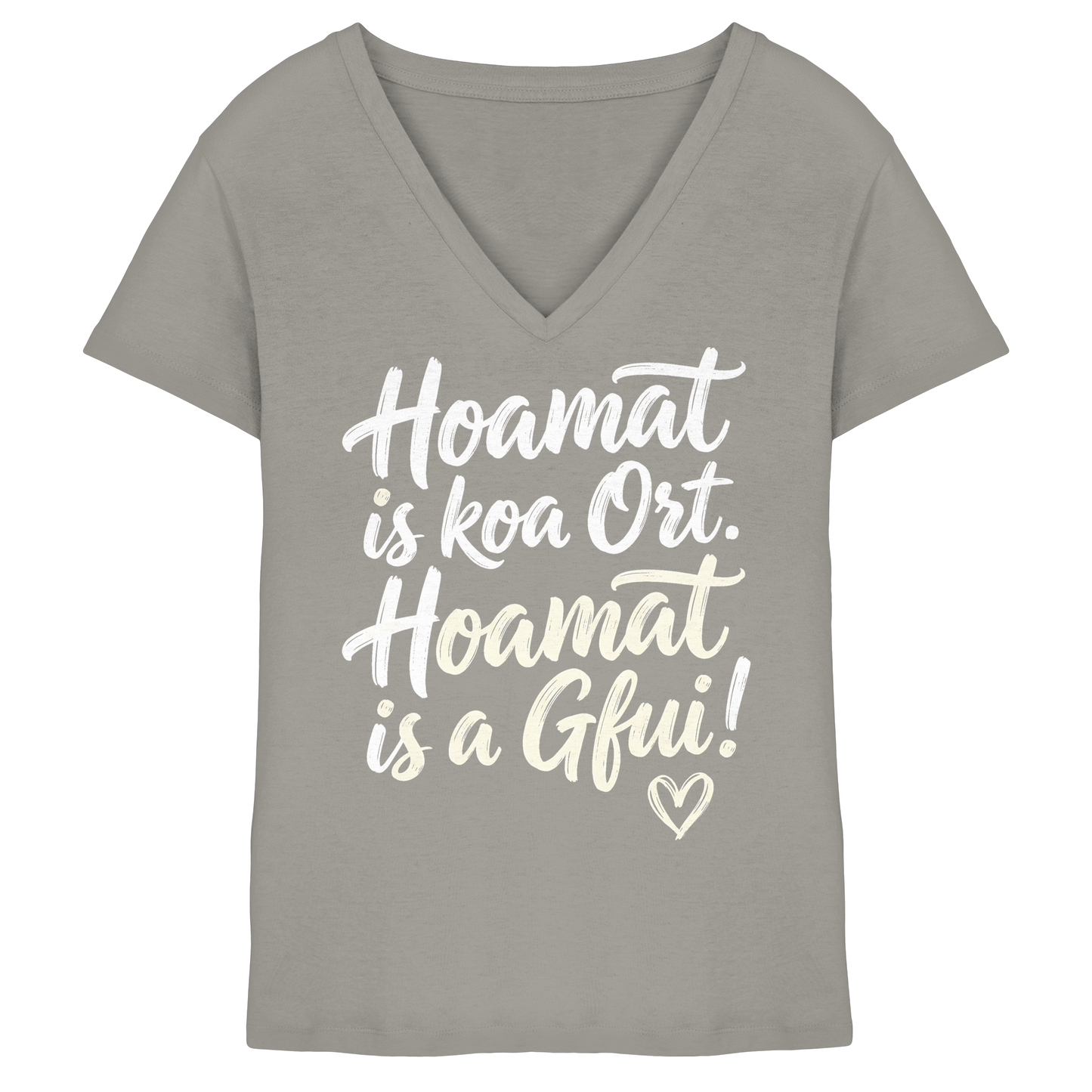 Graues V-Ausschnitt-Shirt mit bayerischem Spruch 'Hoamat is koa Ort. Hoamat is a Gfui!' und Herz
