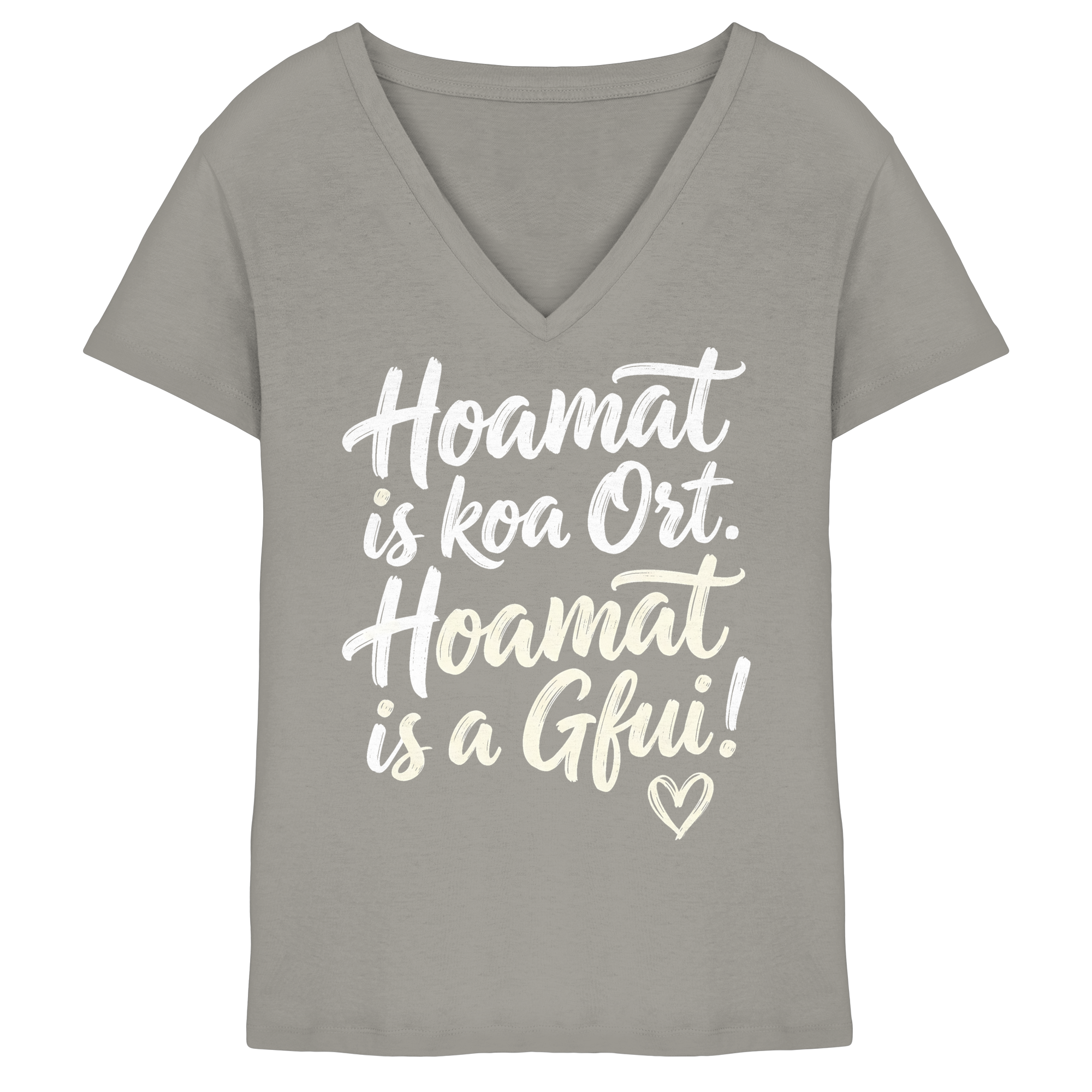Graues V-Ausschnitt-Shirt mit bayerischem Spruch 'Hoamat is koa Ort. Hoamat is a Gfui!' und Herz
