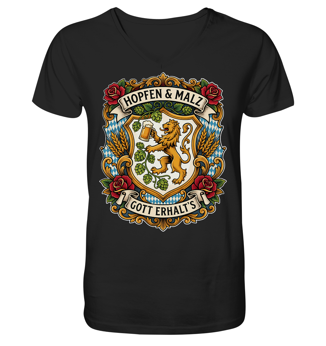 HOPFEN & MALZ - GOTT ERHALT`S - Mens Organic V-Neck Shirt - BayrischerHumor