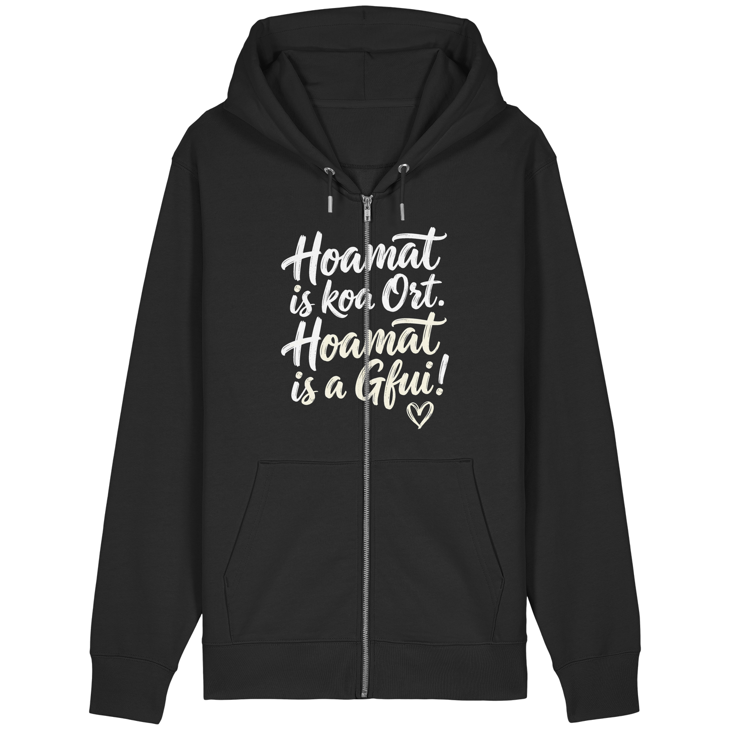 Schwarzer Hoodie mit bayerischem Spruch 'Hoamat is koa Ort. Hoamat is a Gfui!' – gemütlich & lustig