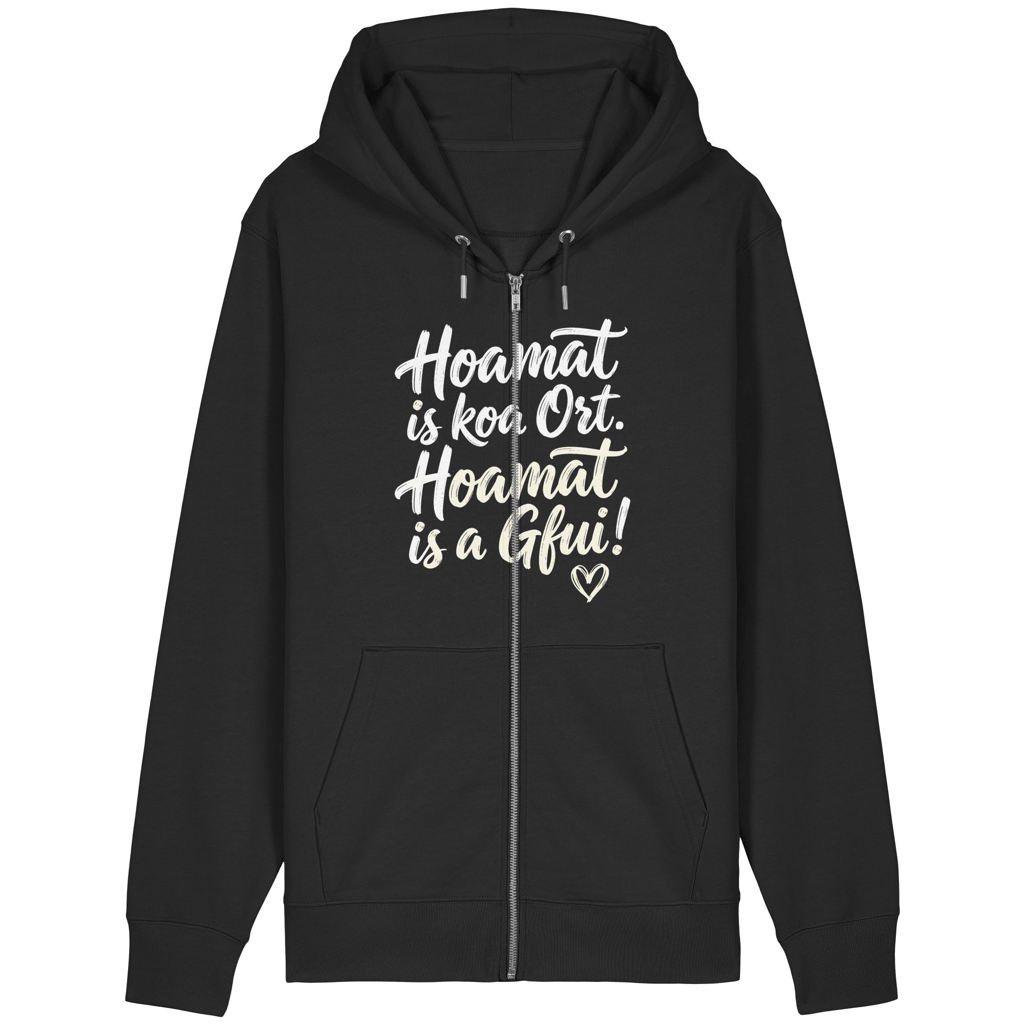 Schwarzer Hoodie mit bayerischem Spruch 'Hoamat is koa Ort. Hoamat is a Gfui!' – gemütlich & lustig