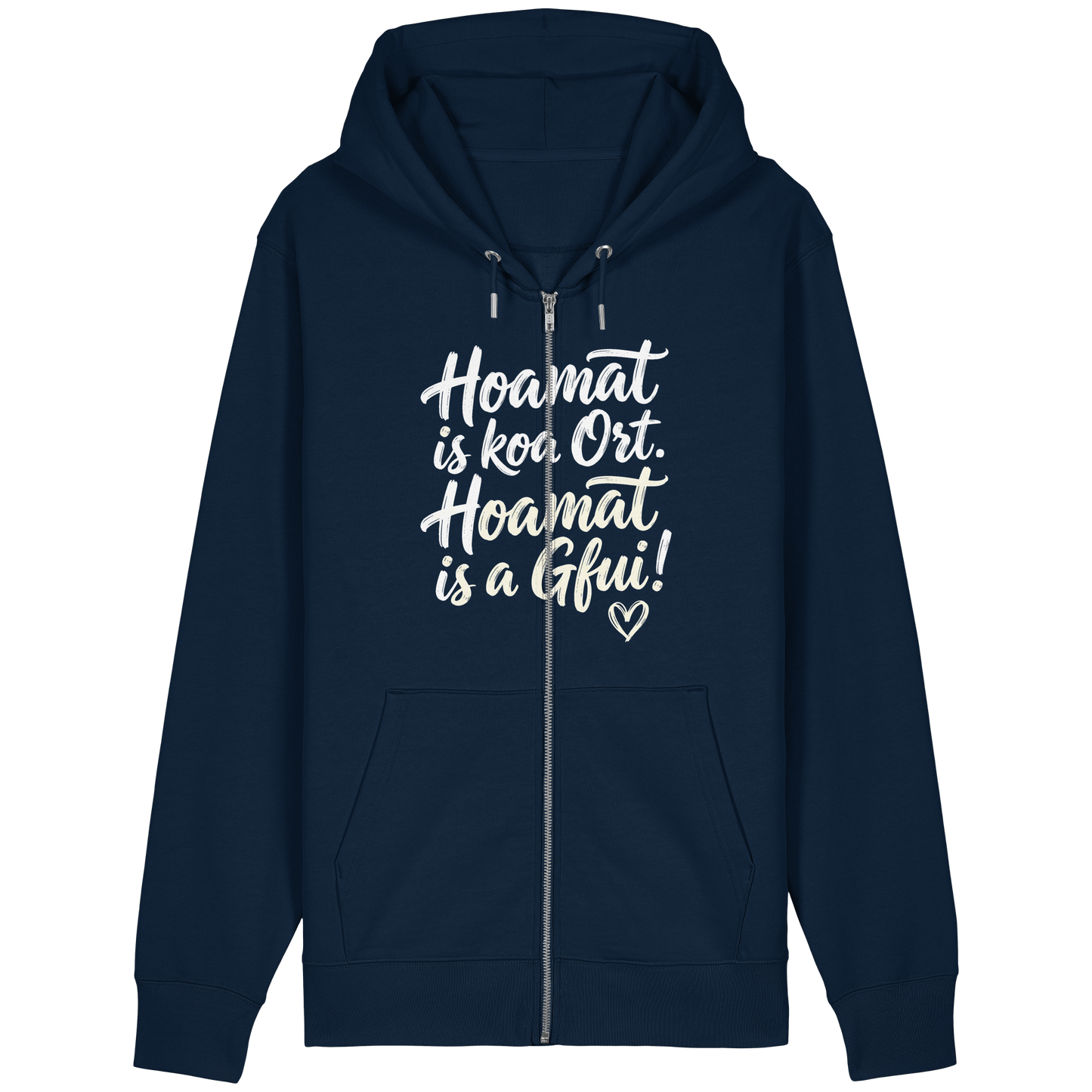 Dunkelblaues Hoodie mit bayerischem Spruch 'Hoamat is koa Ort. Hoamat is a Gfui!' – gemütlich & mit Humor