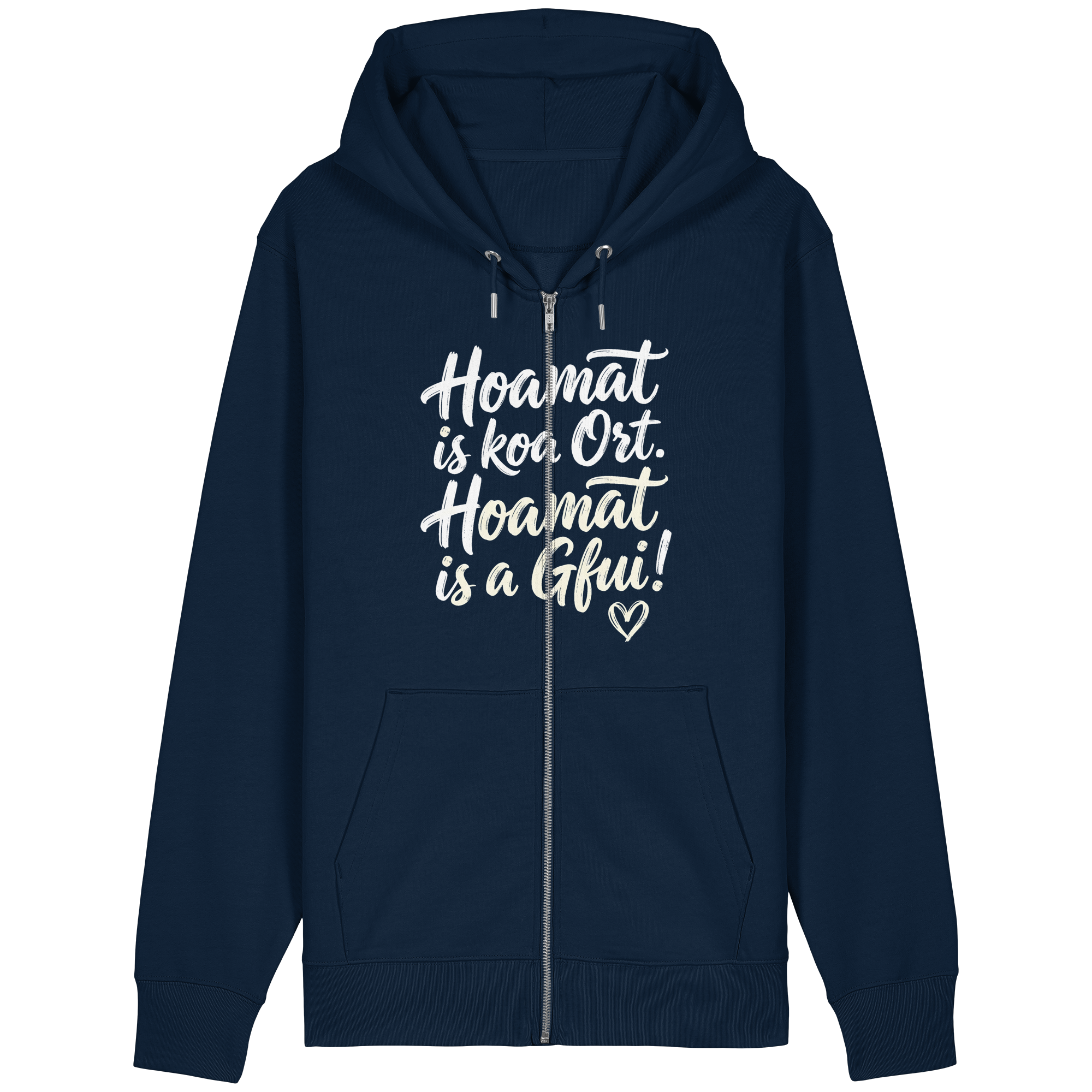 Dunkelblaues Hoodie mit bayerischem Spruch 'Hoamat is koa Ort. Hoamat is a Gfui!' – gemütlich & mit Humor