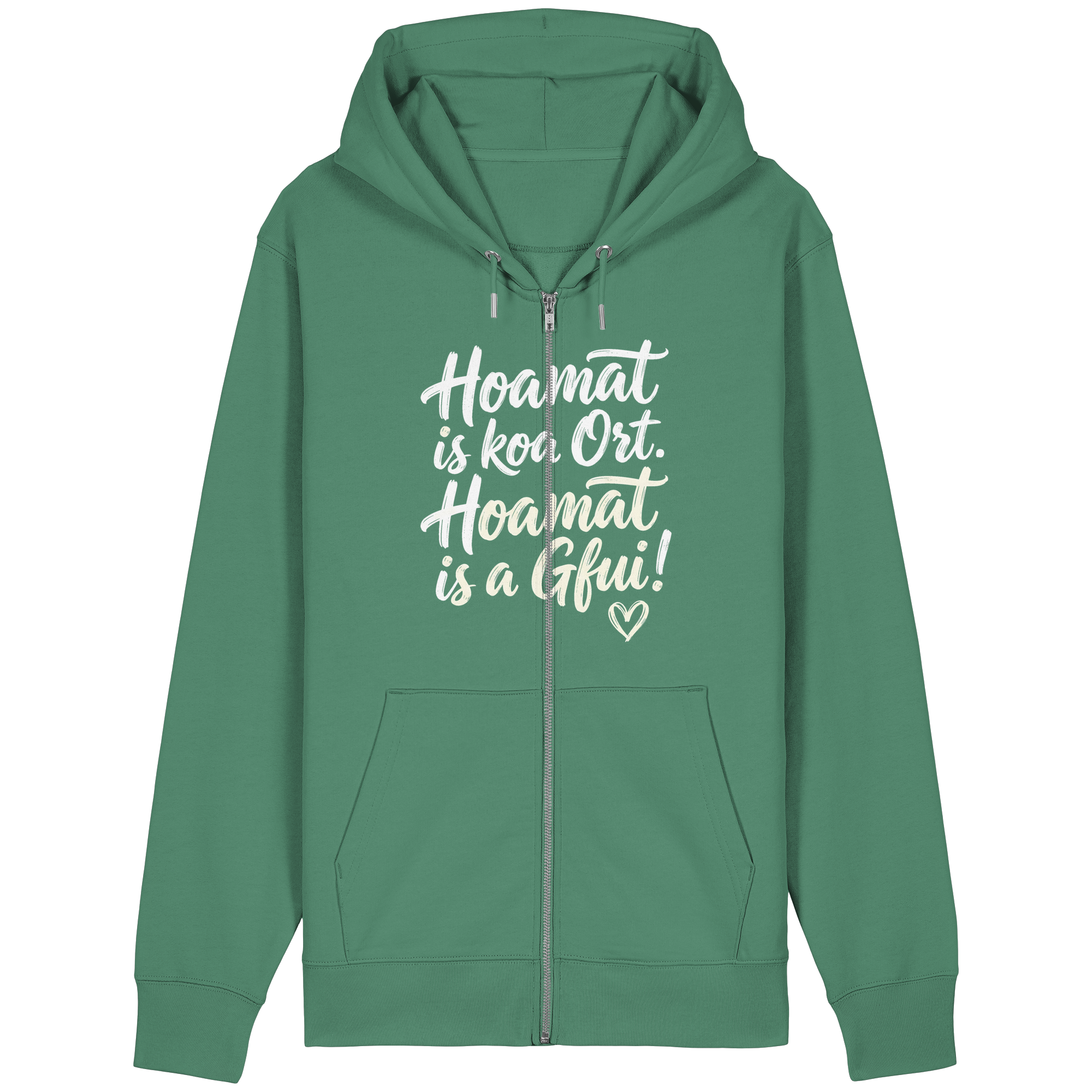 Grüner Hoodie mit bayerischem Spruch 'Hoamat is koa Ort. Hoamat is a Gfui!' – gemütlich & lustig
