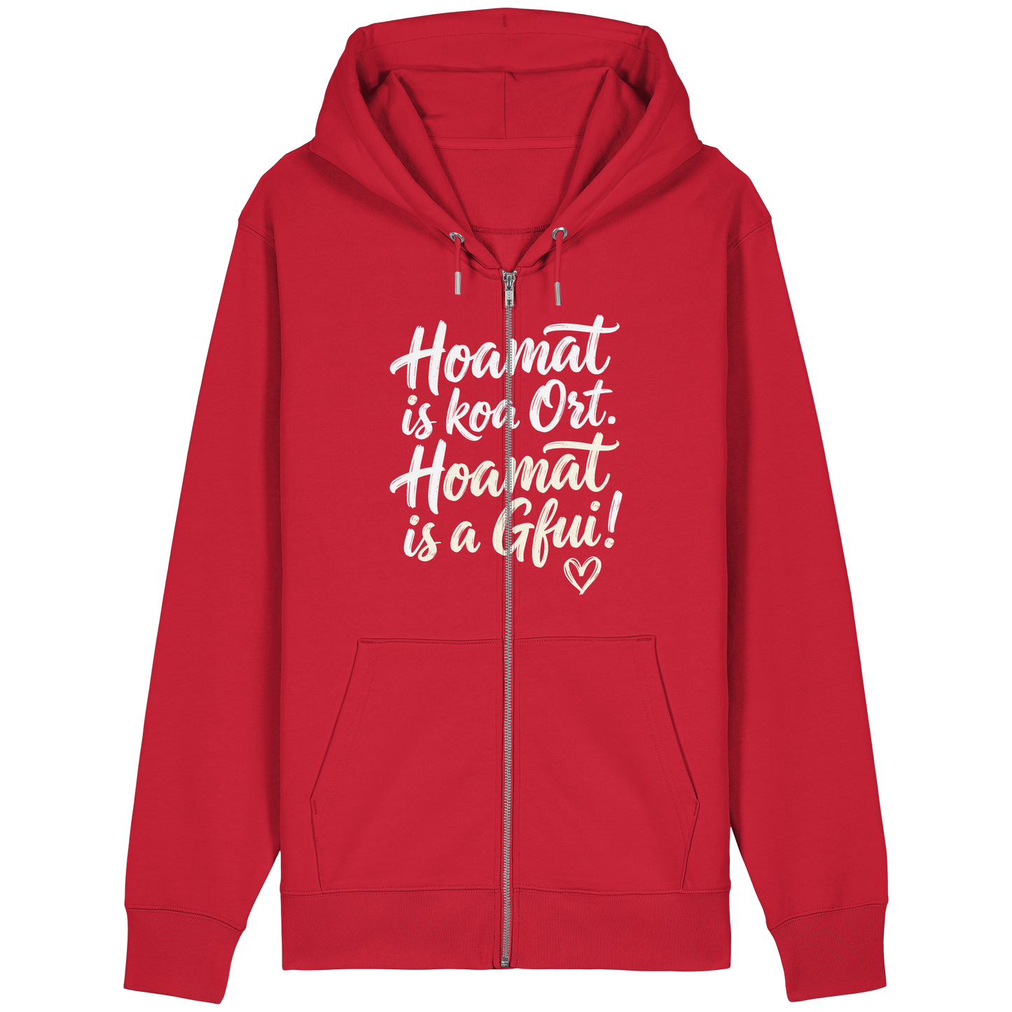 Roter Hoodie mit bayerischem Spruch 'Hoamat is koa Ort. Hoamat is a Gfui!' – gemütlich & mit Humor