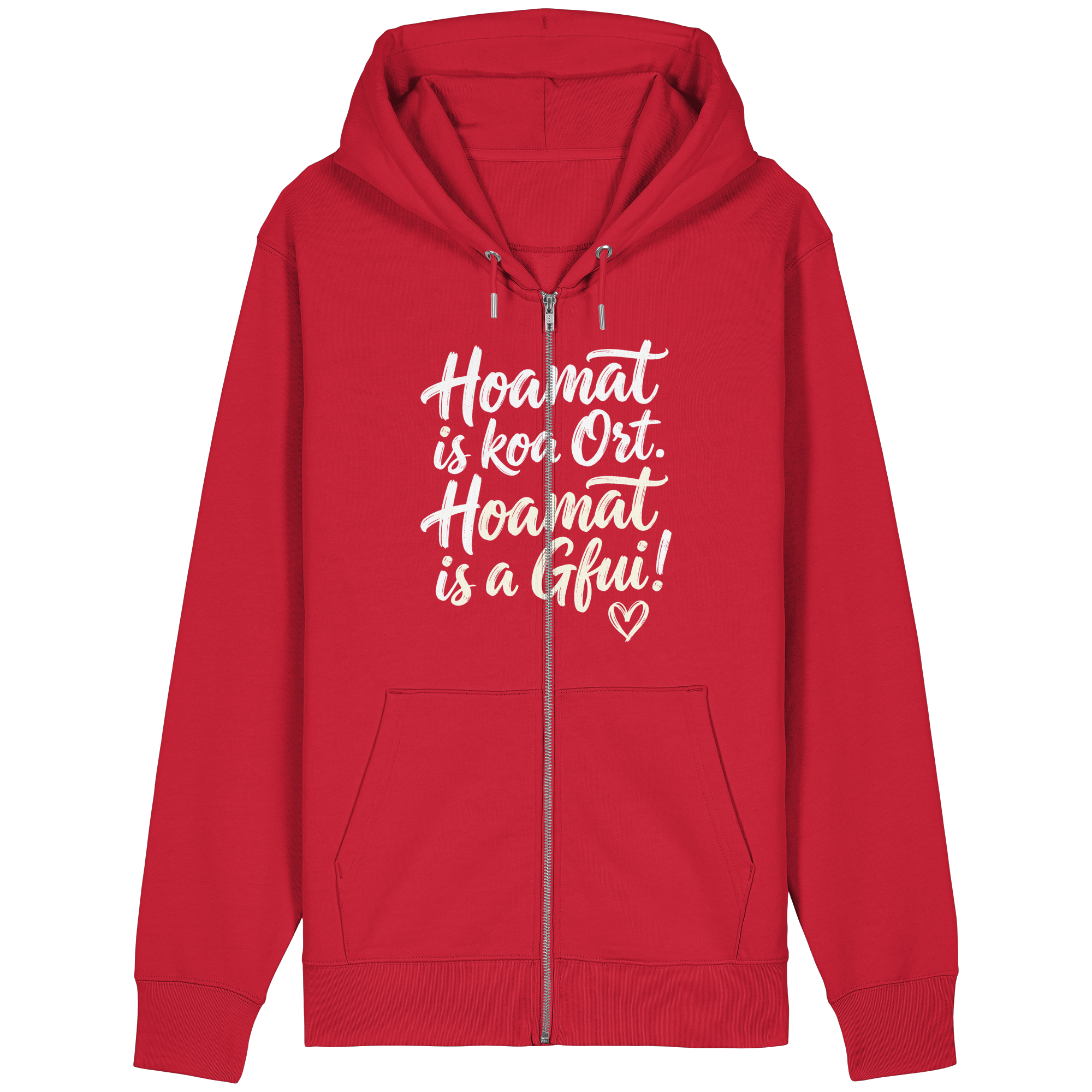 Roter Hoodie mit bayerischem Spruch 'Hoamat is koa Ort. Hoamat is a Gfui!' – gemütlich & mit Humor