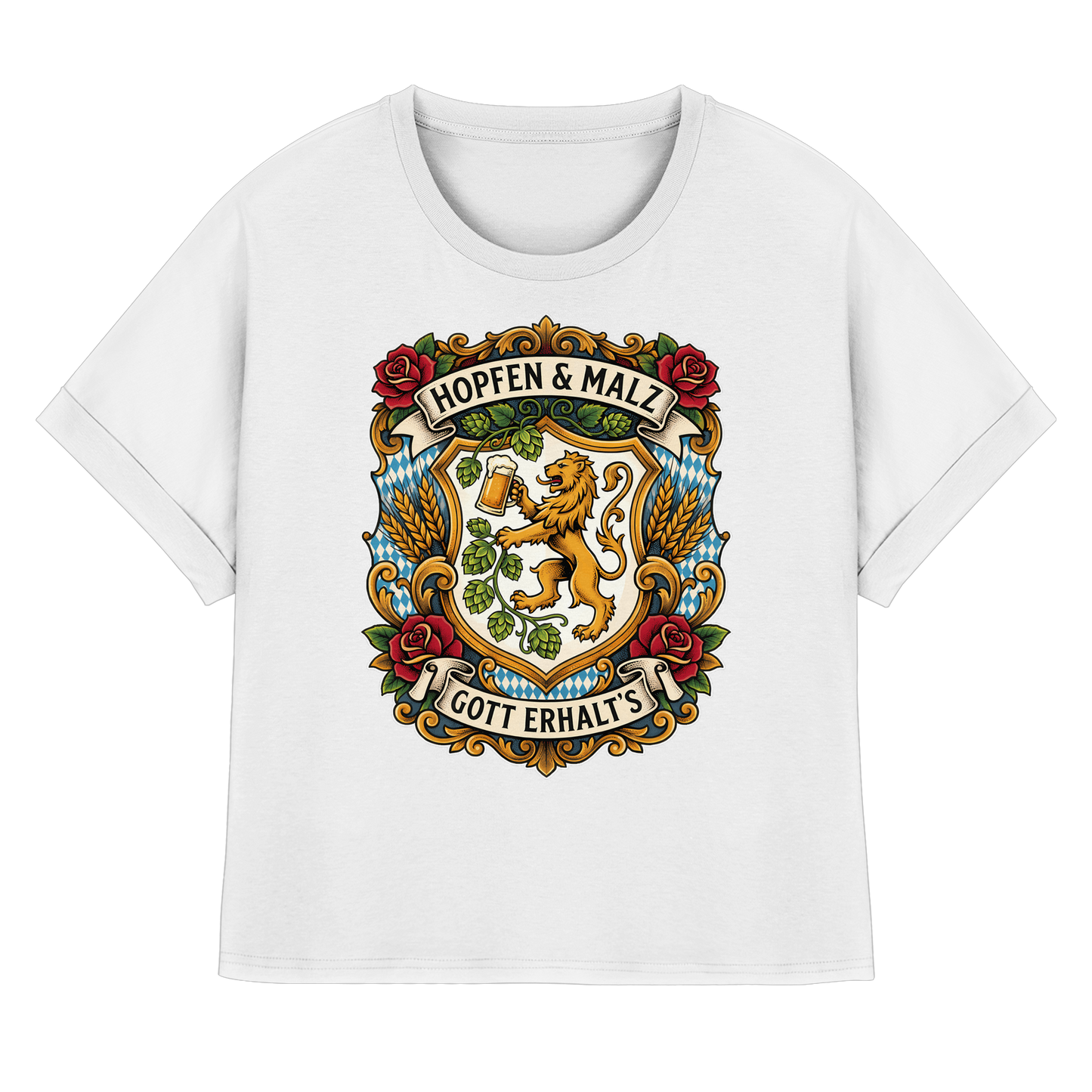 HOPFEN & MALZ - GOTT ERHALT`S - Womens Organic Rolled Sleeves T-Shirt - BayrischerHumor