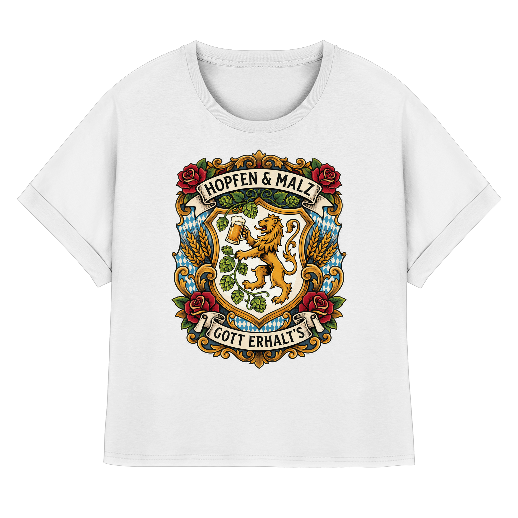 HOPFEN & MALZ - GOTT ERHALT`S - Womens Organic Rolled Sleeves T-Shirt - BayrischerHumor